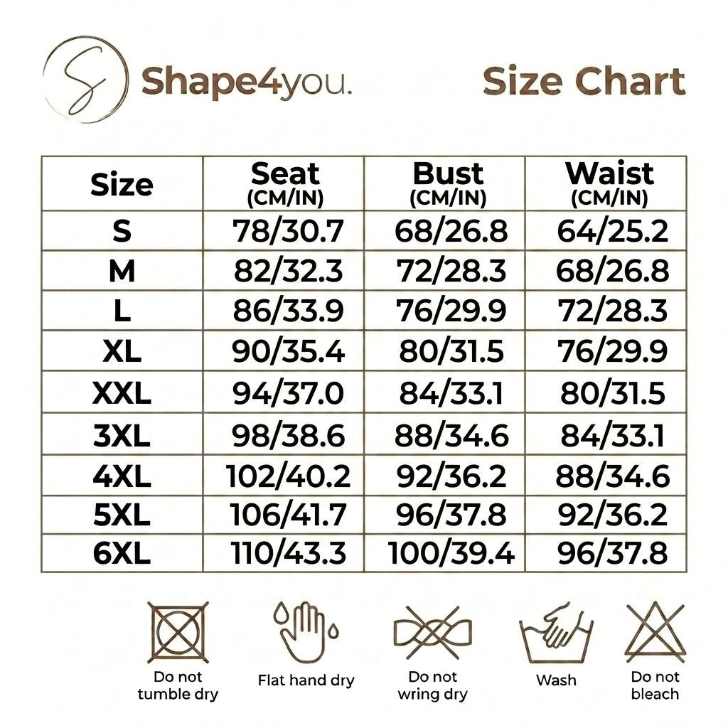 Theshape4you size chart for plus size shapewear jumpsuit showing measurements for seat, bust, and waist in cm and inches.